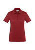 A women's short sleeve polo shirt in a rich burgundy colour, featuring a collar and buttons, with a logo on the front.