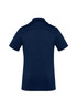 A navy blue women's short sleeve polo shirt with a collar and a logo on the back.