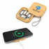 A bamboo box containing a wireless charger and multiple charging cables, featuring a logo on the lid.