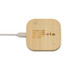 A square wireless charger made of bamboo with a cable connected, featuring a logo and minimal design.