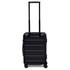 A black hardcase trolley with a retractable handle and wheels for easy transport. It features a logo.