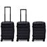 Three black hardcase suitcases with extendable handles and wheels, featuring a logo on the front.