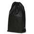 A black drawstring backpack with a smooth texture and a logo at the bottom corner.