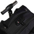 A black trolley backpack featuring a retractable handle and a zippered pocket with a logo.