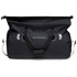 A large black duffle bag with a zippered compartment and carrying straps, featuring a branding logo.