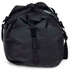 A black waterproof duffle bag featuring a roll-top design and adjustable shoulder strap, with a logo visible.