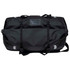 A black duffle bag with reflective accents and adjustable straps. It includes a logo and a sturdy design.
