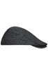 A grey herringbone cap with a rounded shape, featuring a logo on the side.