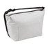 A grey cooler bag with a shoulder strap and front pocket, featuring a logo. Suitable for carrying lunch and drinks.