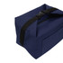 A navy cooler bag with a black strap and zip closure, featuring a side pocket and a simple logo.