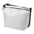 A grey cooler bag with a black strap and a pocket on the front, featuring a logo.