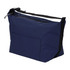 A navy blue cooler bag with a zippered top, featuring a side pocket and a shoulder strap. Includes a logo.