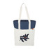 A tote bag with a cream body, navy blue top and straps, featuring a branded logo on the front.