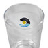 A drink cup made of clear glass, featuring a logo with a sun and waves design in blue and yellow.