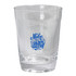 A clear glass carry cup featuring a blue logo and a smooth design, ideal for drinkware.