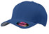 A blue Port Authority Flexfit cap featuring a curved brim and a branded logo on the side.
