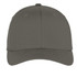 A grey cap with a curved brim and an adjustable back, featuring a logo on the front.