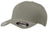 A grey Port Authority Flexfit cap featuring a curved brim and a branded tag.