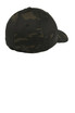 A black and dark camo cap featuring a curved brim and a fitted design, with a logo at the back.