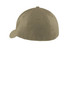 A khaki Port Authority Flexfit Cap featuring a rounded design and an adjustable fit. It includes a logo on the side.