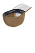 A brown Flexfit cap with a white interior and navy band, featuring a logo on the inside.