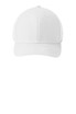A white cap with a structured design and Flexfit branding. Features a curved brim and ventilation eyelets.