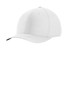 A white cap with a curved brim and a logo on the front. It features a classic design and is made for comfort.