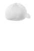 A white cap with a structured design, featuring a curved brim and an adjustable back. It has a logo.
