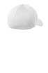 A white flexfit cap with a mesh design, featuring a curved brim and a single logo on the back.