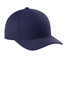 A navy blue snapback cap with a curved bill and a logo on the front.