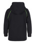 A black hoodie featuring contrast green stitching, with a spacious hood and a relaxed fit. It has a logo on the back.