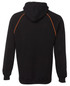 A black hoodie featuring orange contrast stitching along the seams and a hood. It has a branding logo.