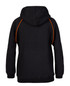 A black hoodie with orange contrast stitching, featuring a hood and long sleeves. It has a logo on the garment.
