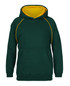 A green hoodie with a yellow interior and contrasting stitching, featuring a large front pocket and a hood.