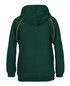 A green hoodie with a contrast yellow trim and a spacious hood, featuring a logo on the back.