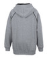 A grey hoodie with a contrasting black lining and hood, featuring a logo on the back.