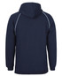 A navy hoodie with a contrasting piped design, featuring a kangaroo pocket and a hood, has a subtle logo.