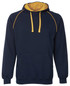 A navy hoodie with a contrasting yellow interior and drawstrings, featuring a front pocket and a logo.