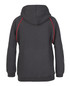 A black hoodie featuring red contrast detailing and a hood, showcasing the back view. It has a logo.