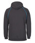 A dark grey hoodie with a blue contrast detail and a hood, featuring a logo on the back.