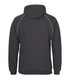A black hoodie with green contrast stitching, featuring a hood and a logo on the back.