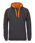 A dark grey hoodie with an orange lining and drawstrings, featuring a front pocket and branding.