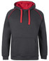 A dark grey hoodie with a red hood and drawstrings, featuring a front pocket and contrasting trim.