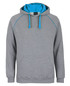A grey hoodie with a contrasting blue inner hood and piping, featuring a front pocket and a logo.