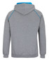 A grey hoodie with a blue contrast hood and detailing, featuring a logo. The back view shows the design and fit.