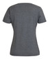 A grey ladies' V-neck tee with short sleeves and a fitted silhouette. Features a logo on the back.