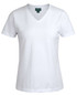 A white ladies V-neck T-shirt with short sleeves and a fitted design. Features a logo at the neckline.