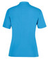 A blue women's polo shirt featuring a collar and short sleeves, with a branding logo on the back.