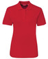 A red polo shirt with a collar and short sleeves, featuring a logo on the chest.