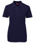 A navy blue ladies' polo shirt with a collar, short sleeves, and a logo on the chest.